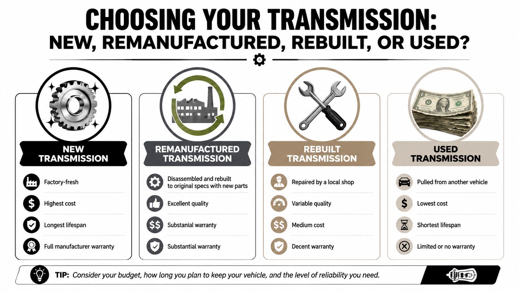 A comparison chart outlining the pros and cons of buying new, remanufactured, rebuilt, or used vehicle transmissions.