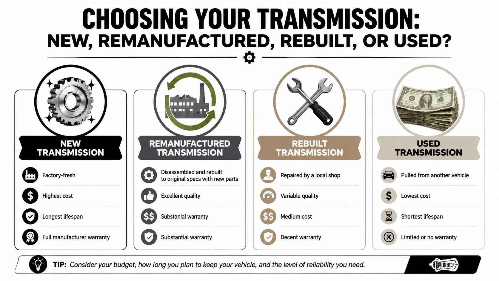 A comparison chart outlining the pros and cons of buying new, remanufactured, rebuilt, or used vehicle transmissions.