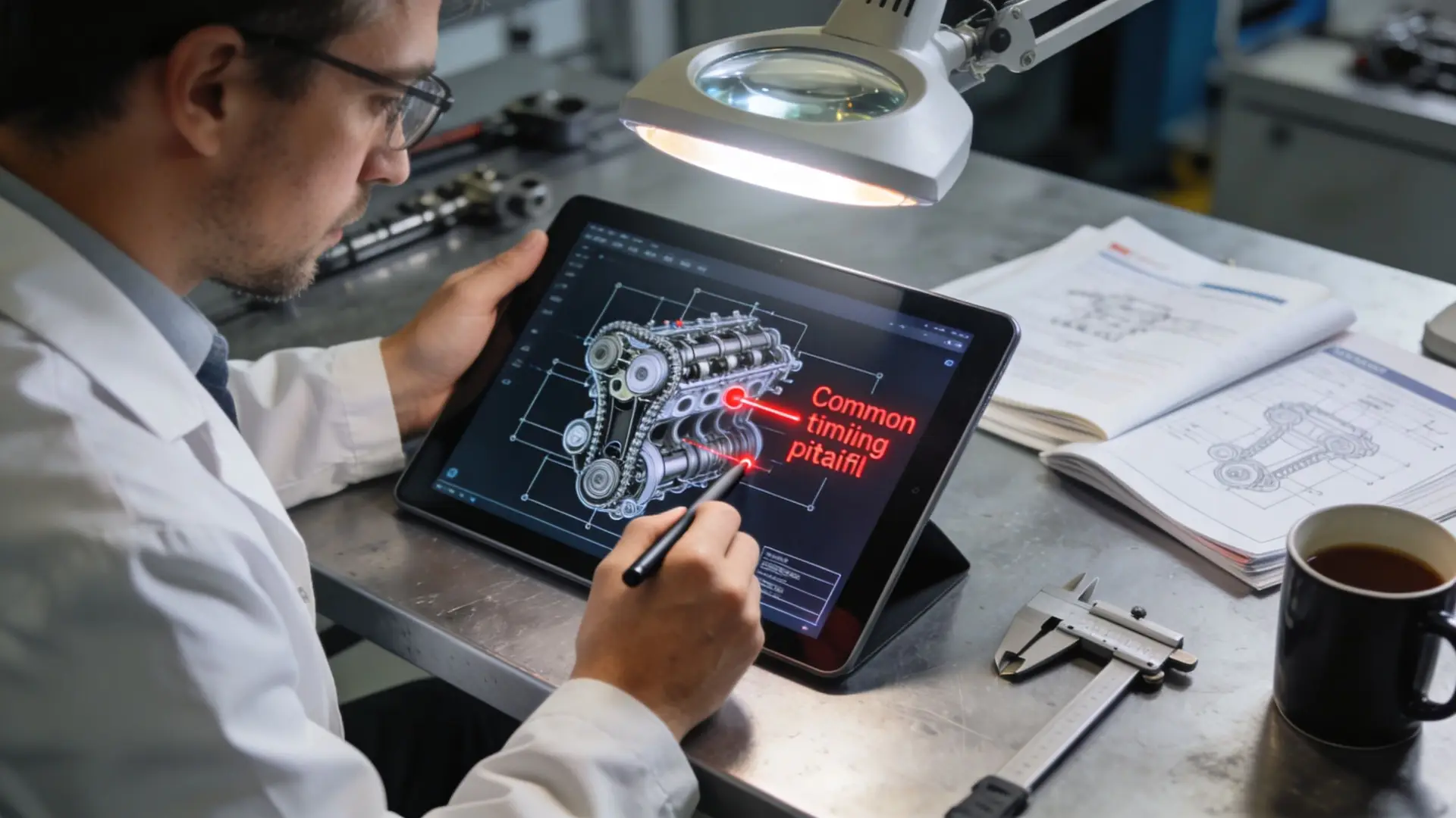 A technician wearing a lab coat examines an engine diagram on a tablet in a workshop.