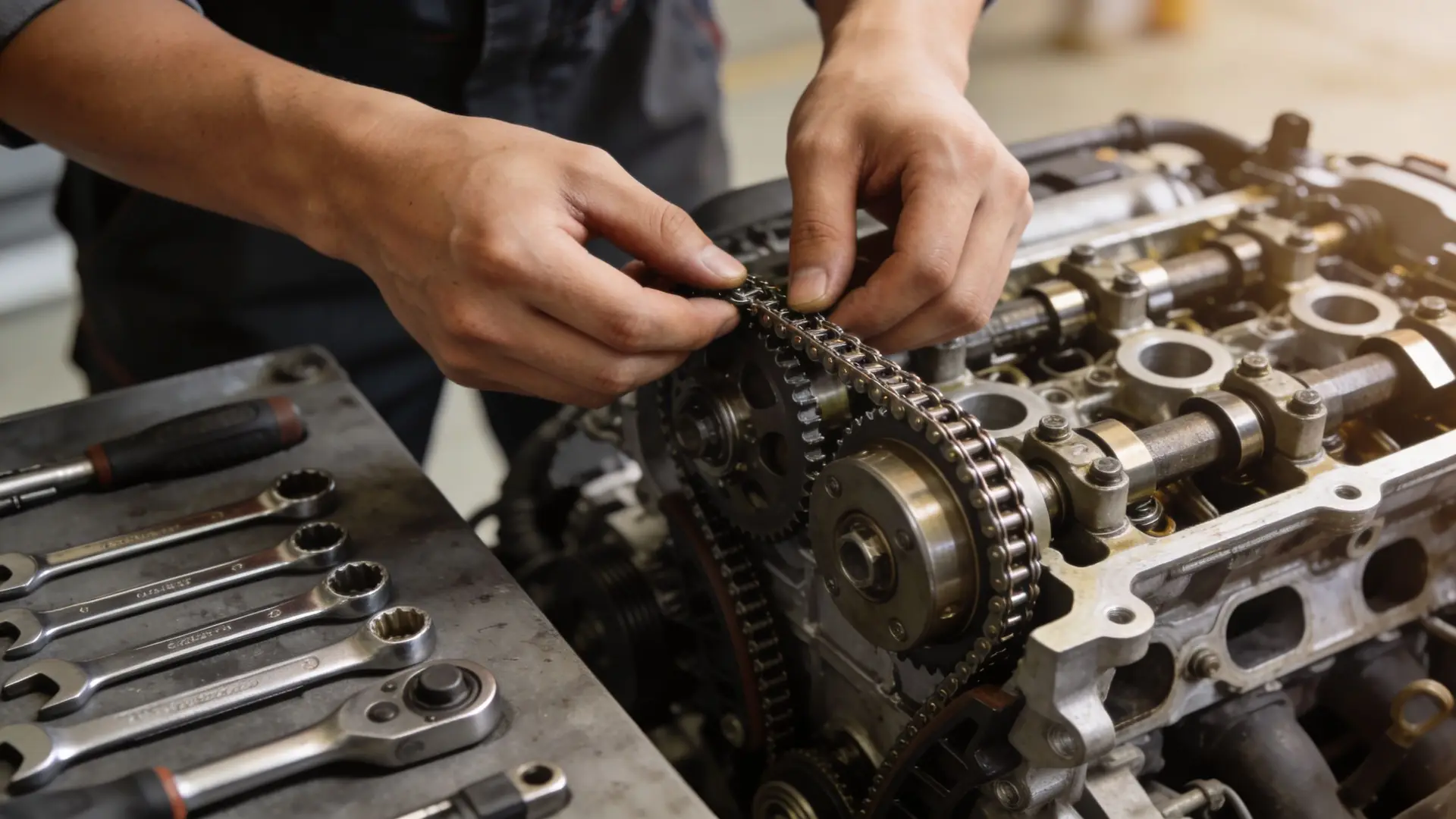 A professional mechanic carefully aligning a metal timing chain onto the gears of an open car engine.