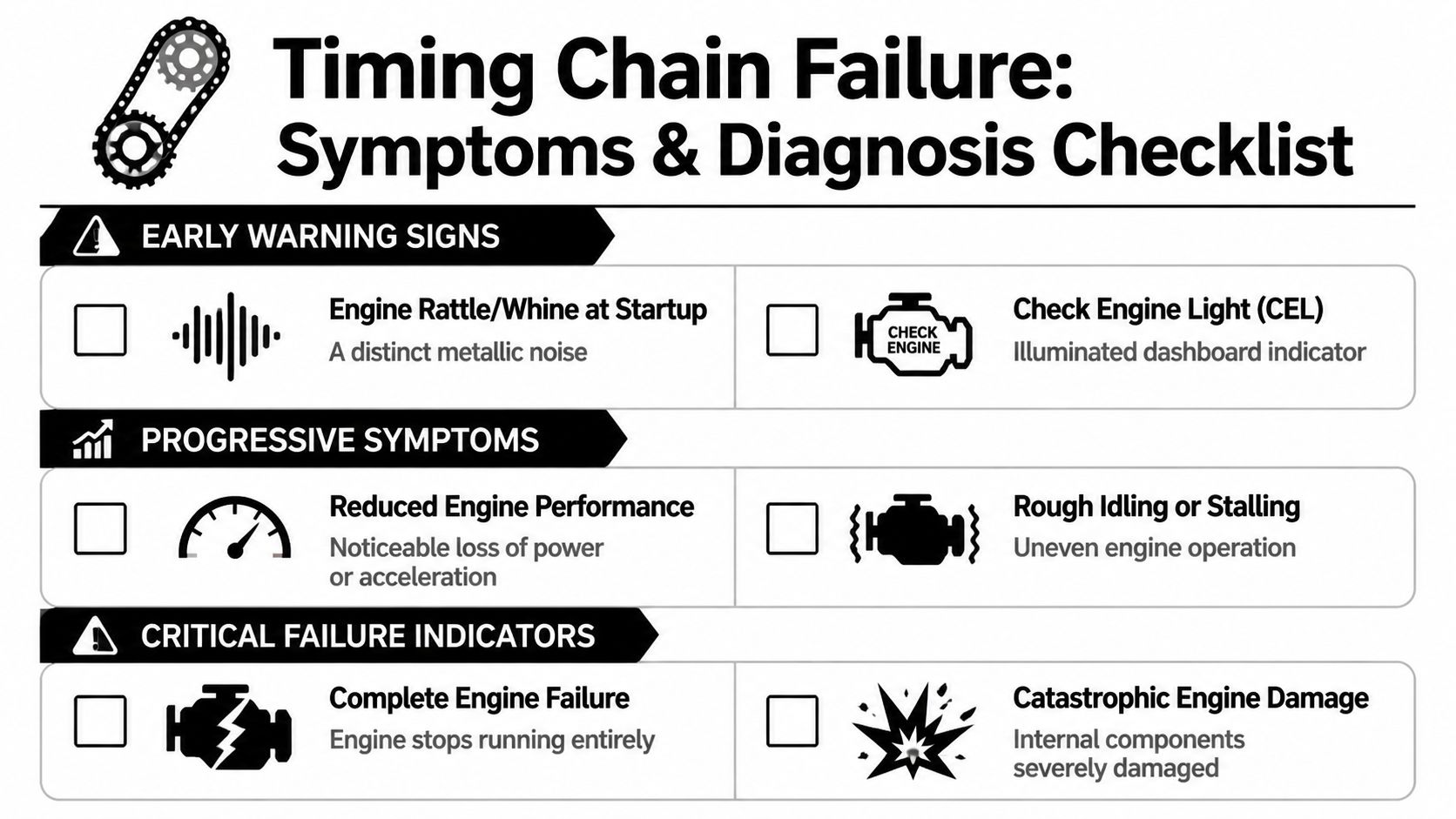 A diagnostic checklist infographic illustrating various symptoms and warning signs of a failing car timing chain.