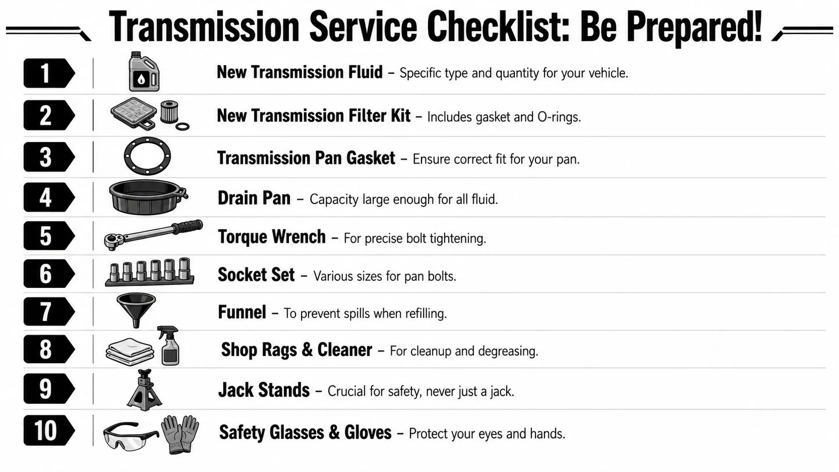 A numbered checklist showing essential tools and supplies required for performing a vehicle transmission service at home.