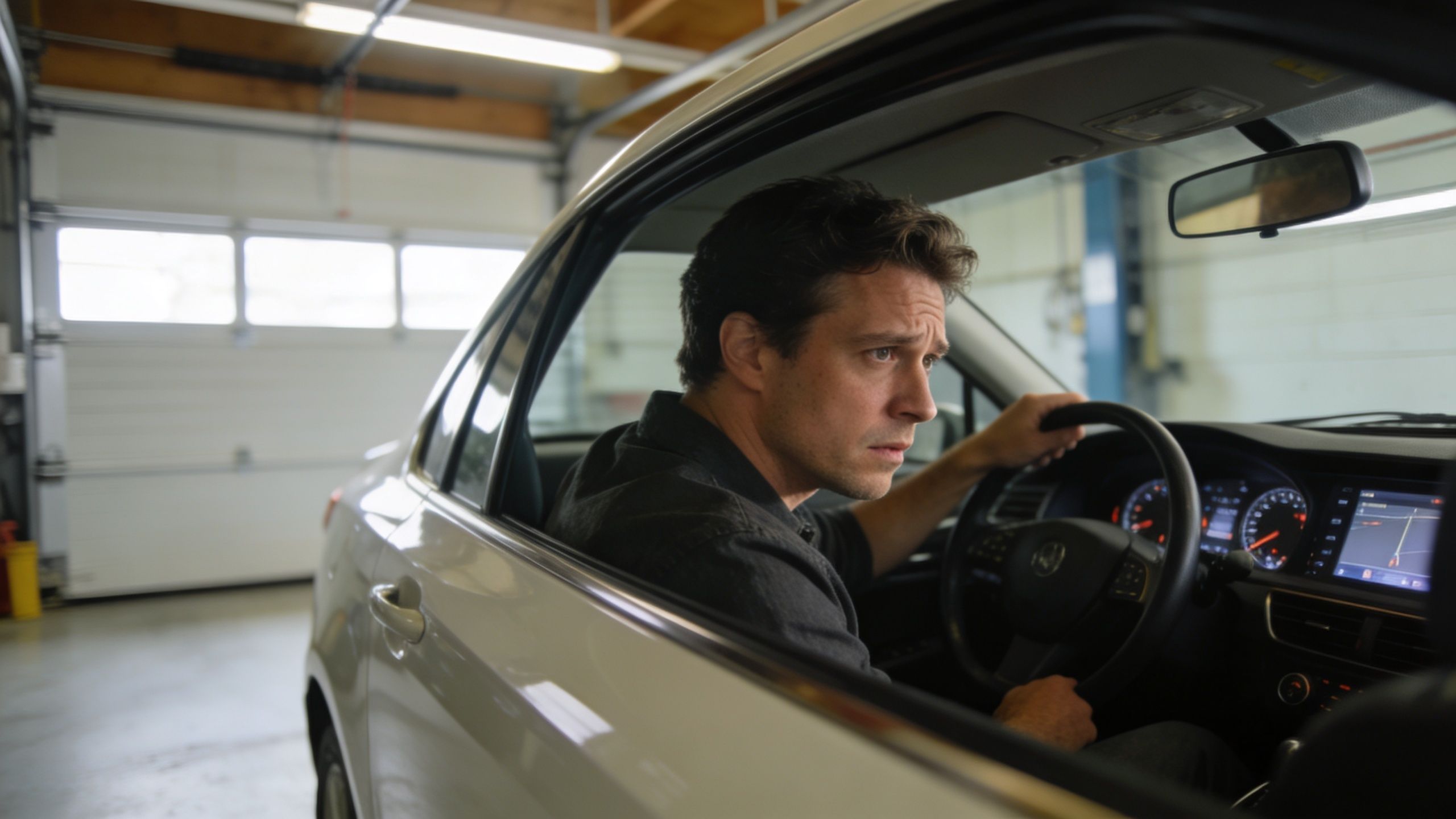 A focused man sitting behind the steering wheel inside a car at a service garage.