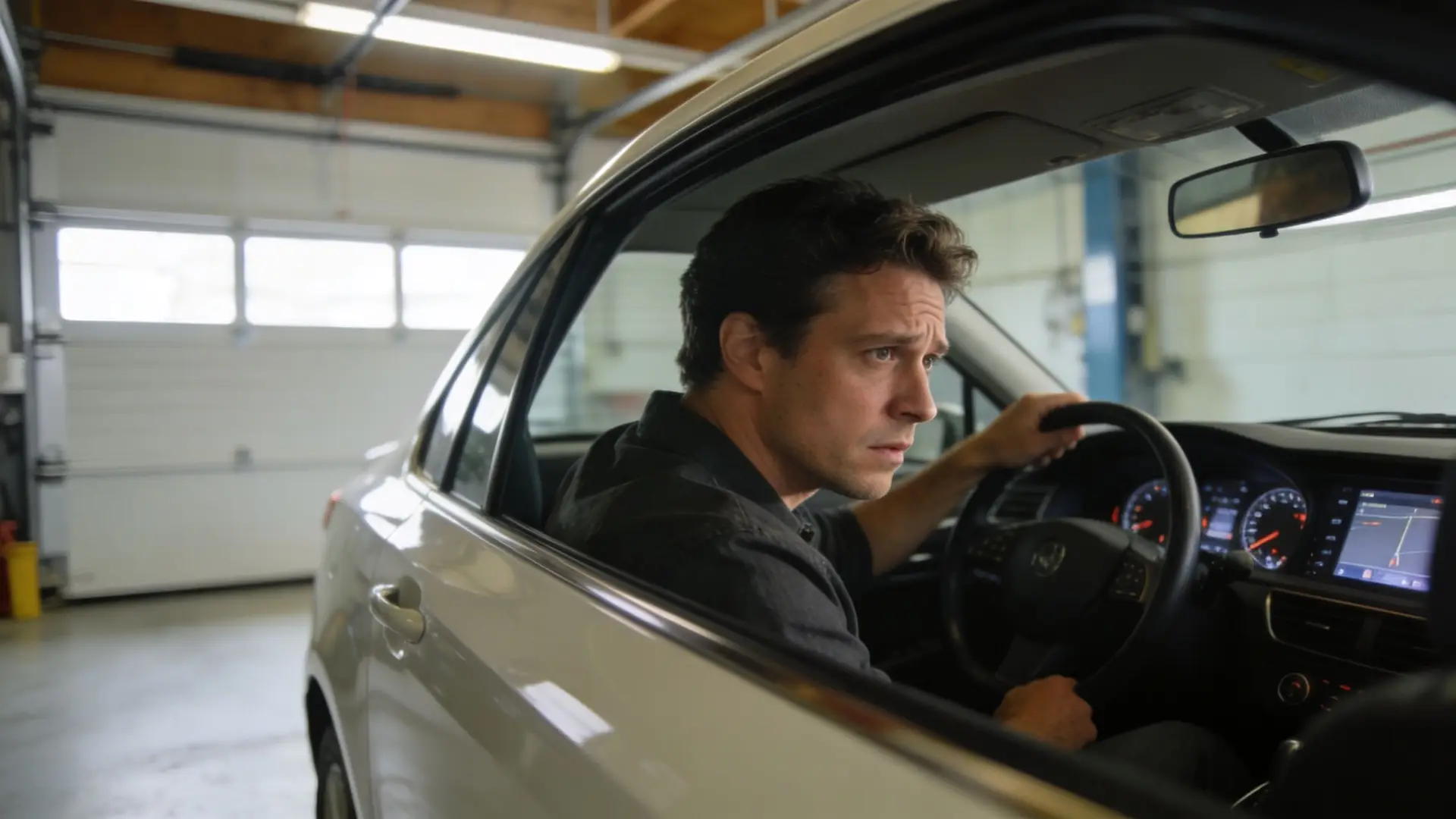 A focused man sitting behind the steering wheel inside a car at a service garage.