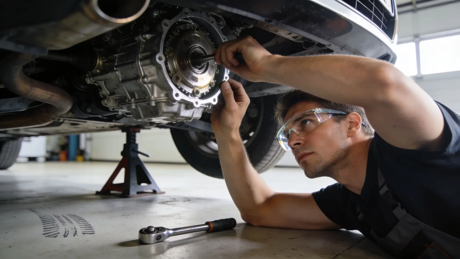 A professional mechanic wearing safety glasses repairs a car transmission while lying on the garage floor.