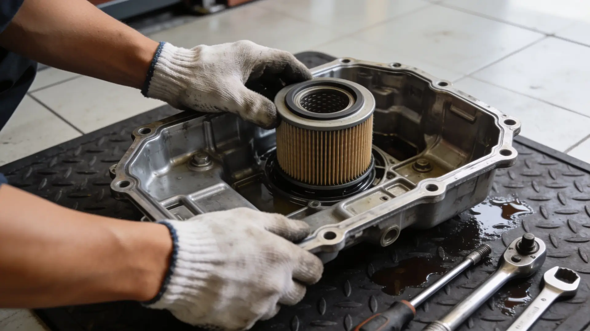 A mechanic wearing work gloves removes a transmission filter from a metal oil pan during maintenance.