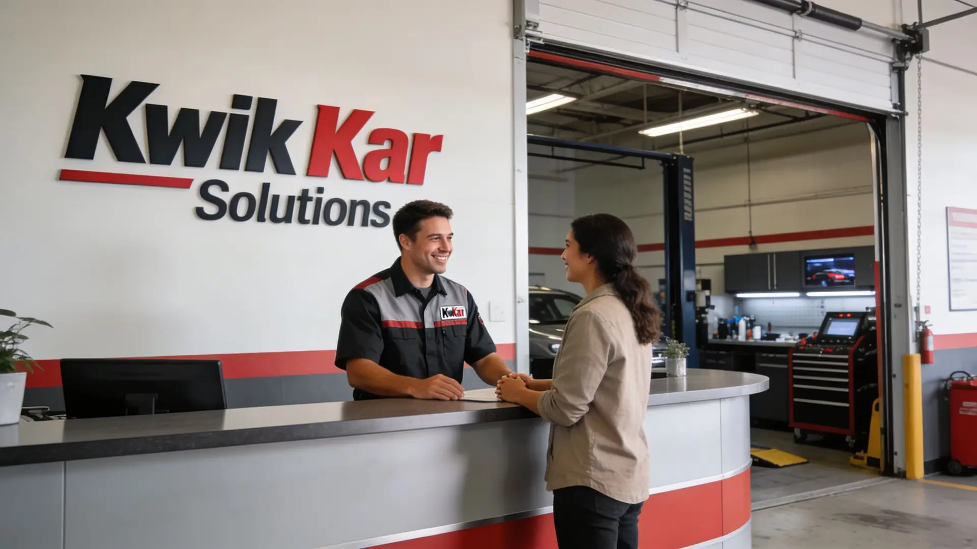 A friendly mechanic interacting with a female customer at the service desk of a Kwik Kar facility.