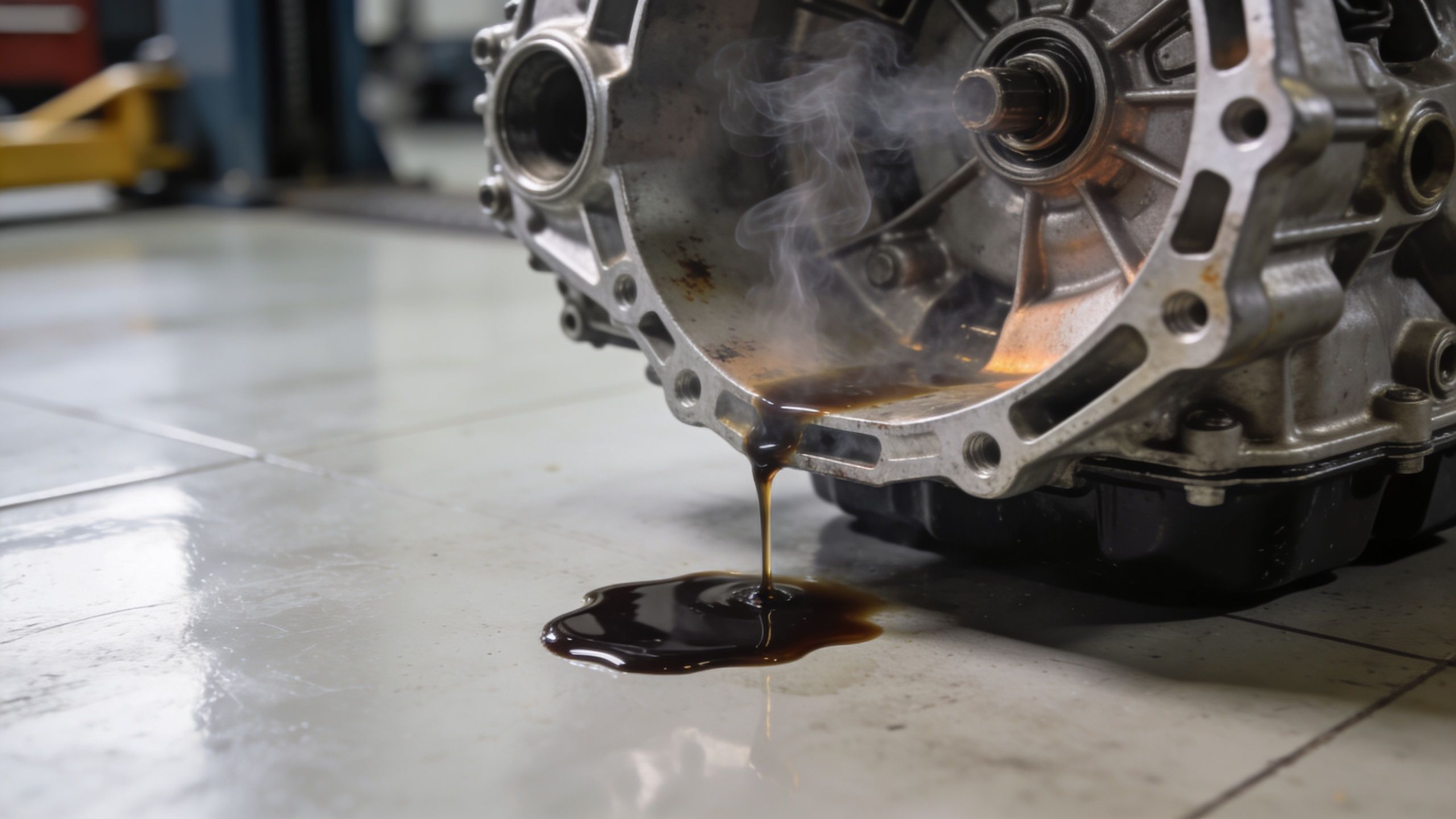 A car transmission on a workshop floor leaking dark fluid while emitting smoke, signaling mechanical failure.