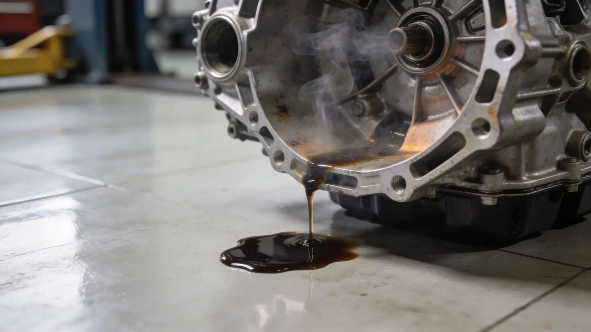 A car transmission on a workshop floor leaking dark fluid while emitting smoke, signaling mechanical failure.