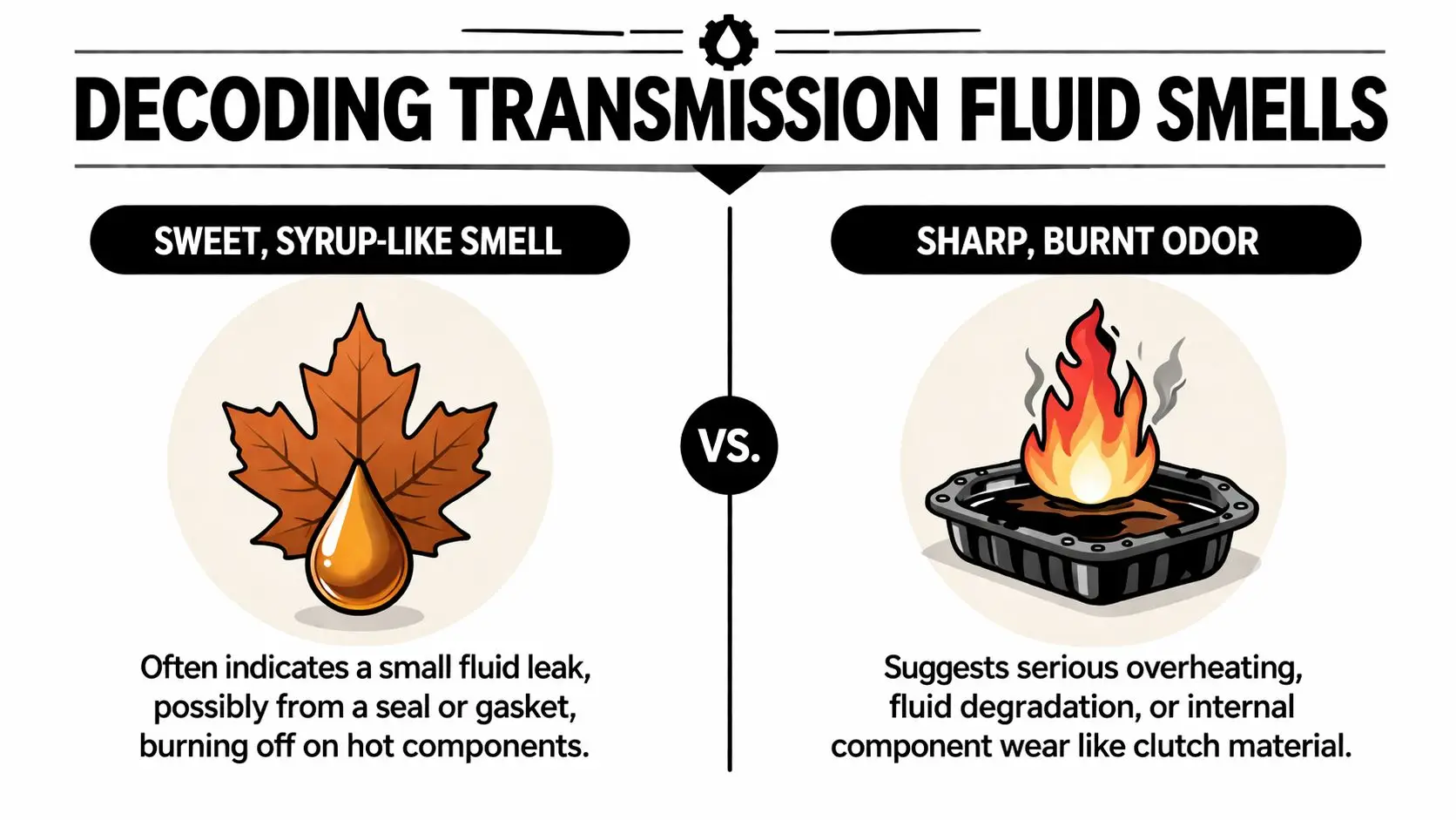 An infographic titled Decoding Transmission Fluid Smells illustrating the difference between sweet syrupy leaks and burnt odors.