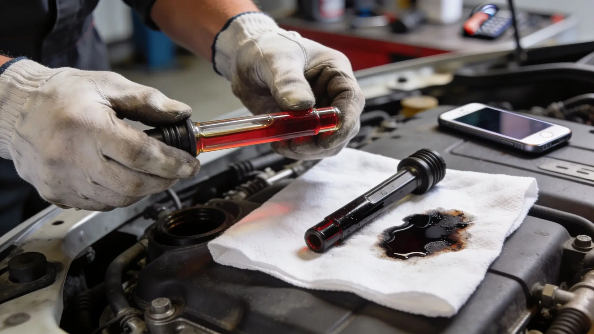 A mechanic wearing work gloves holds a clear tube filled with clean red transmission fluid near a car engine.