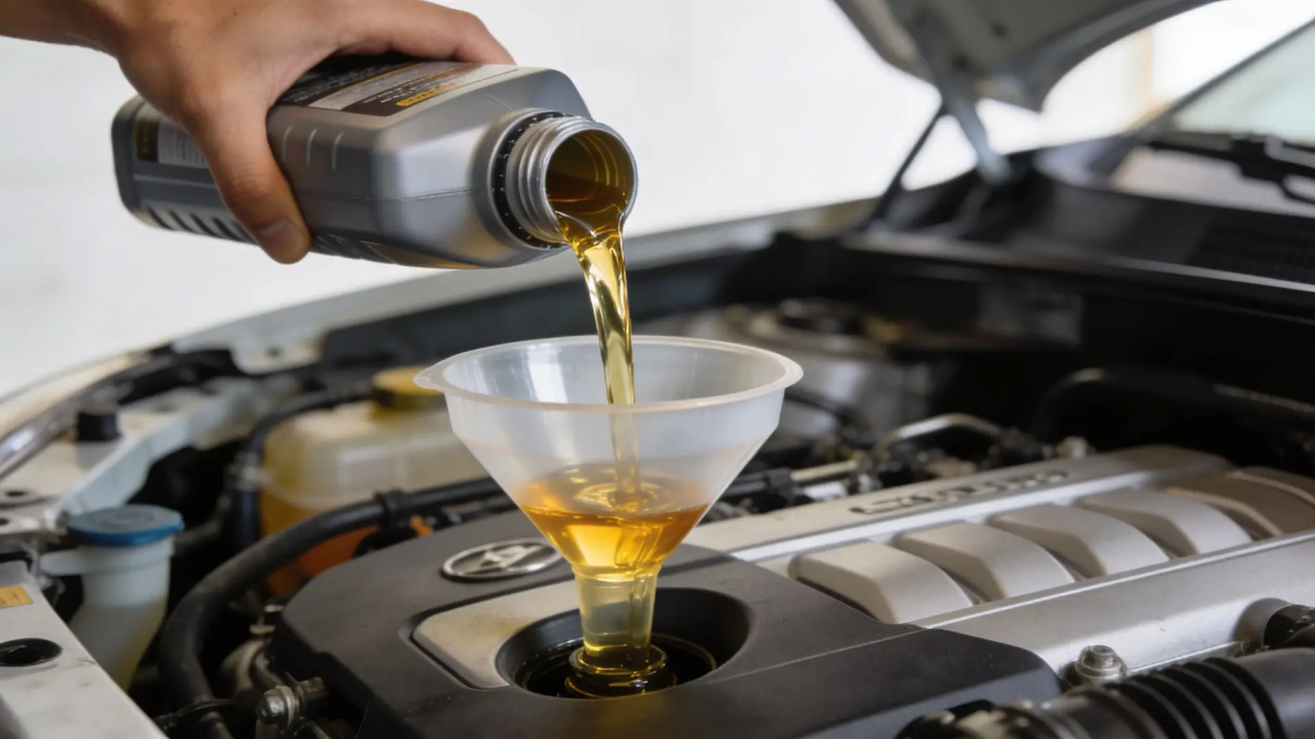 A person pouring fresh motor oil into a car engine through a funnel during maintenance.