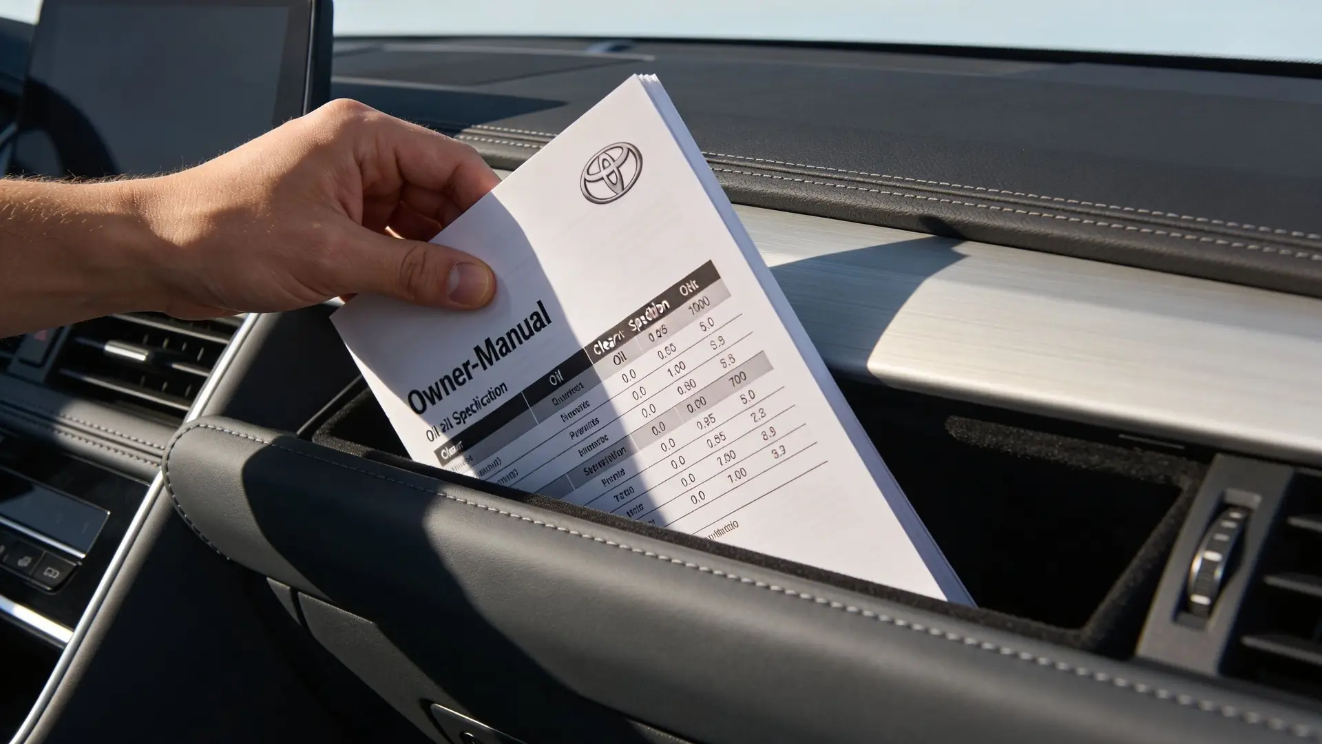 A hand placing a Toyota car owner manual containing oil specification data into the vehicle glove box.