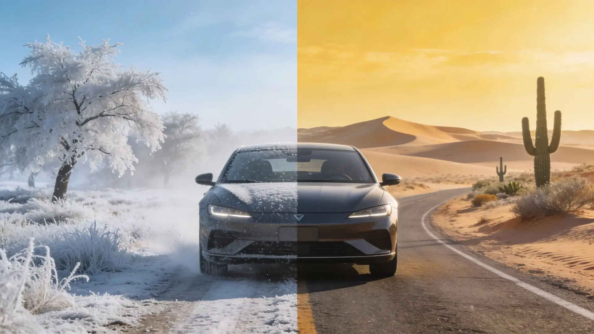 A split image showing the same car driving through both a snowy winter landscape and a desert road.