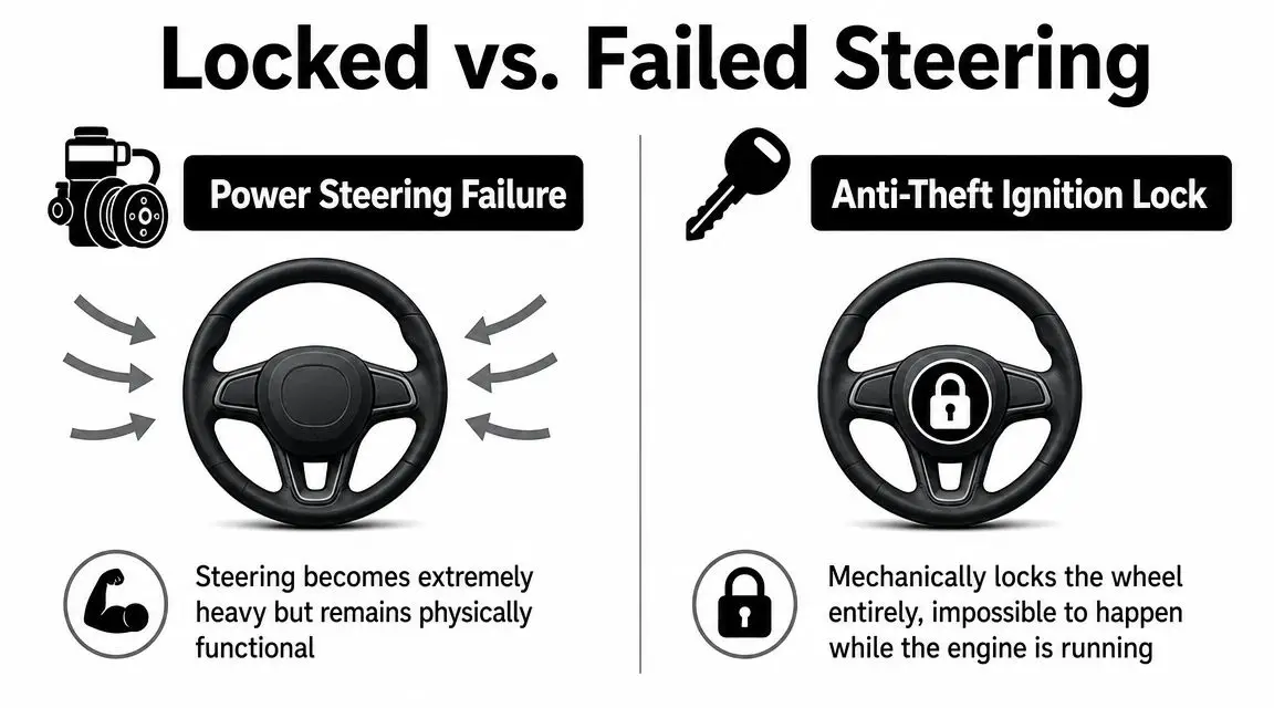 An infographic comparing the differences between power steering failure and an anti-theft ignition steering wheel lock.