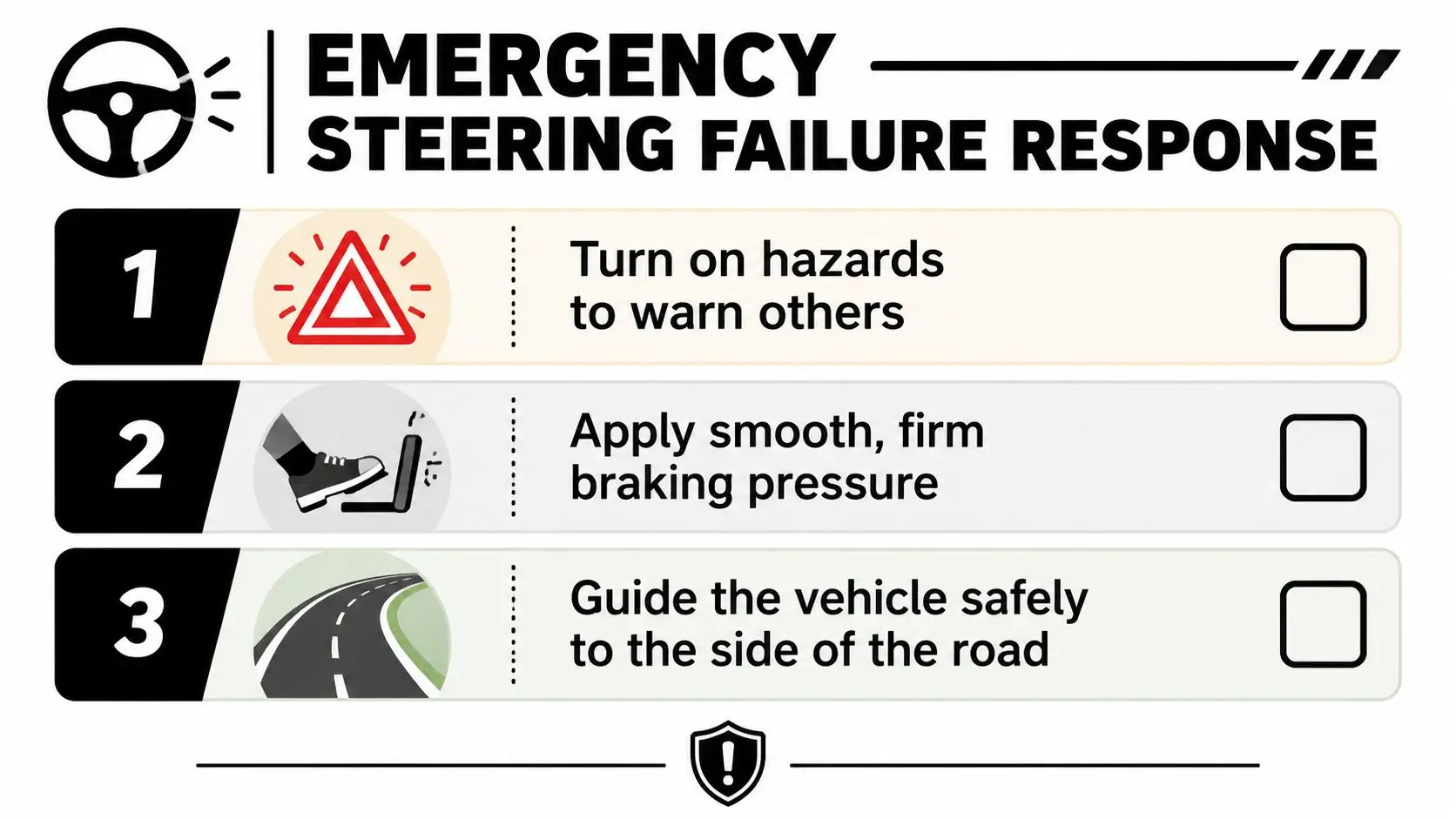 A safety infographic showing three steps for handling a vehicle emergency steering failure using hazard lights and braking.