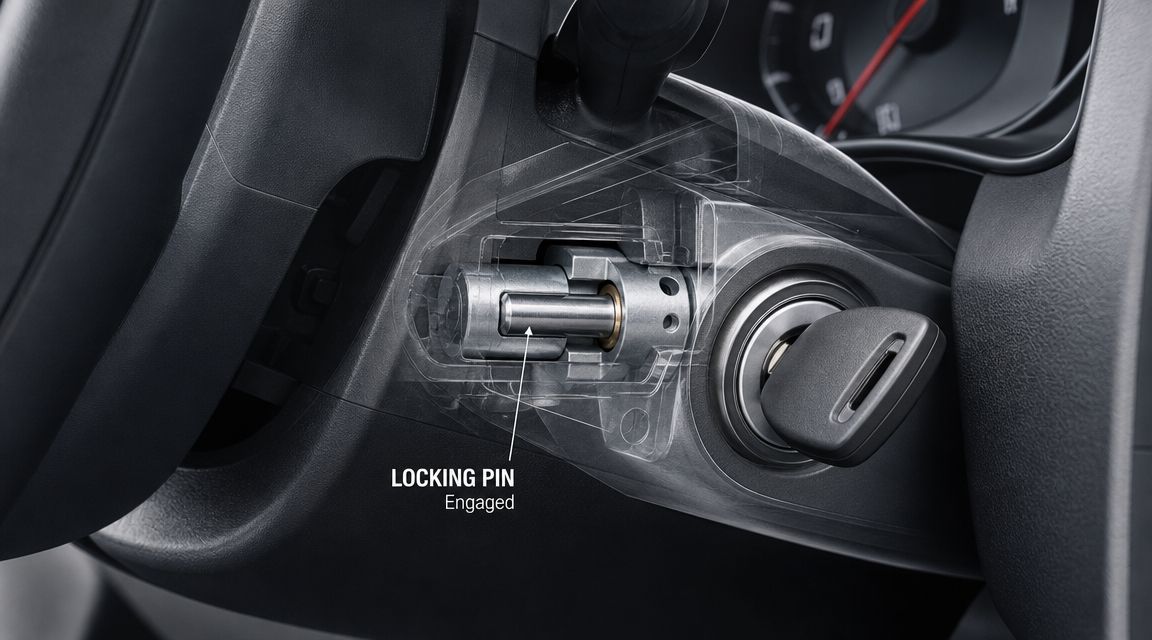 A transparent view of a car steering column ignition system showing the engaged steering wheel locking pin.