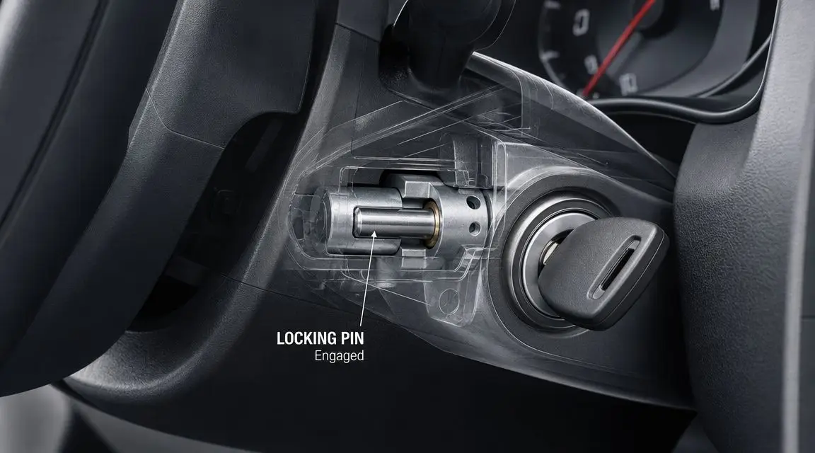 A transparent view of a car steering column ignition system showing the engaged steering wheel locking pin.