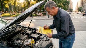 Man reviewing car maintenance checklist by engine