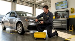 Technician performing express oil change in garage
