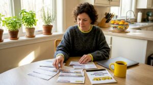 Person sorting auto service coupons at kitchen table
