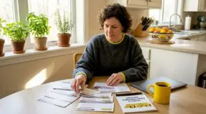 Person sorting auto service coupons at kitchen table