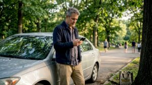 Man checking vehicle service reminder on smartphone