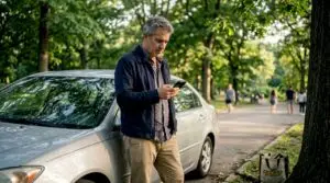 Man checking vehicle service reminder on smartphone