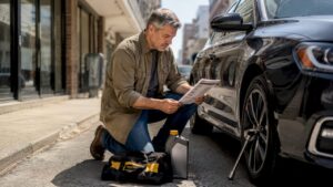 Man reviewing car care checklist outdoors