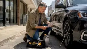 Man reviewing car care checklist outdoors