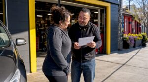 Customer discussing repair with local auto shop manager