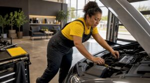 Mechanic inspecting car engine in service bay