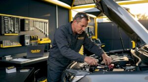 Mechanic inspecting SUV engine in auto care garage