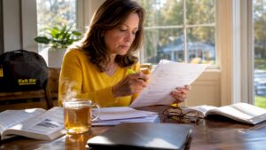 Woman reviewing auto repair estimate at home