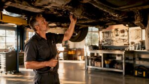 Mechanic inspecting SUV underside drivetrain