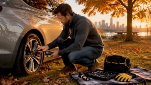 Man checking car tire pressure at lunch break
