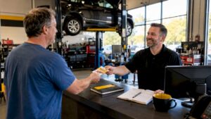 Customer presenting coupon at auto repair shop desk