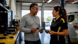 Customer signing up for auto shop loyalty program