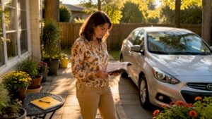 Woman reviewing car maintenance booklet outside garage