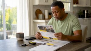 Man reviewing auto service bundle brochure at home desk