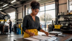 Fleet manager reviewing multi-vehicle account paperwork