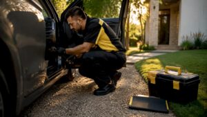 Technician performing on-site car diagnostic
