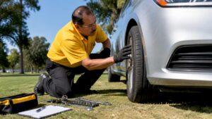 Mechanic inspecting car tire outdoors