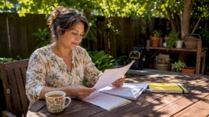 Woman reviewing car repair estimate at home table
