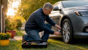 Man checking car tire pressure outdoors