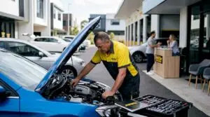 Mechanic servicing car in busy repair garage