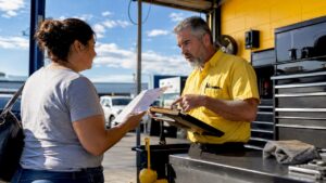 Customer discussing price match with auto mechanic
