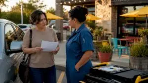 Car owner discussing repair invoice with mechanic