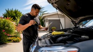 Man checking car engine oil in home garage