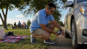 Man checking car tire pressure outdoors